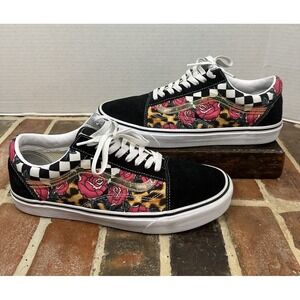 Vans Old Skool Pink Rose Leopard Print Sneakers Black Suede Checkered Men's 11
